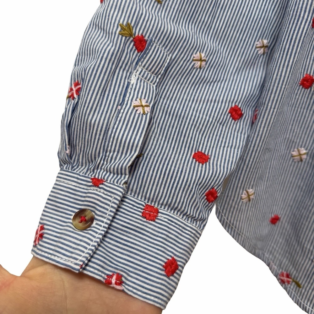 Anthropologie Maeve Embroidered Floral Stripe Button Up Shirt Size 14 Blue White - Picture 6 of 9